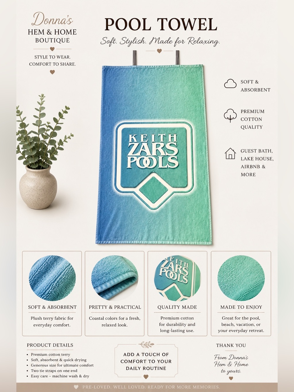 TOWEL SPECIALTIES Gradient Blue Green “Keith Zars Pools” Beach Towels (Set of 4)
